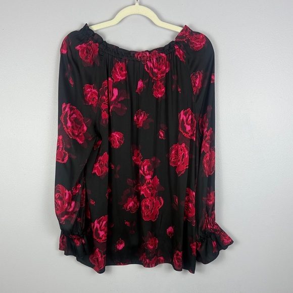 Talbots Black & Pink Dark Floral Rose Ruffle Neck Wrist Romantic Large Blouse - Picture 9 of 9